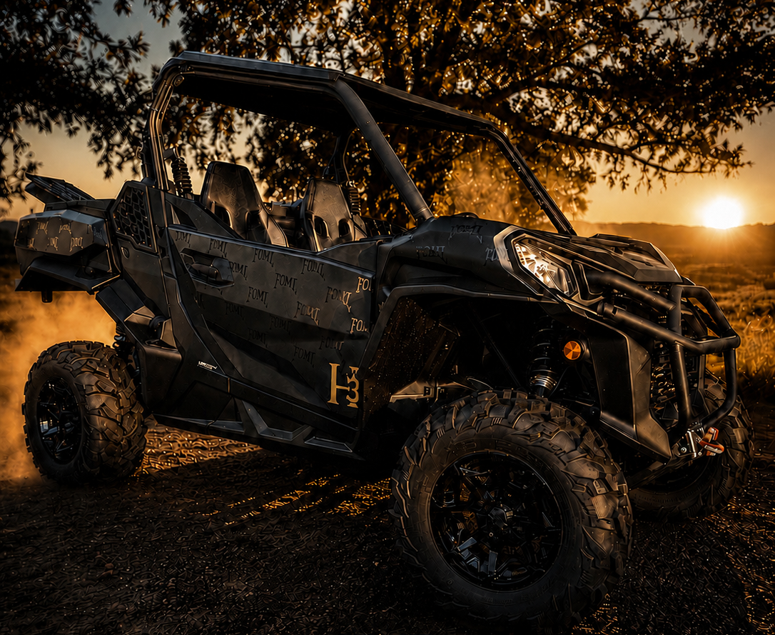 A black off-road side-by-side UTV vehicle parked on a dirt trail at sunset under tree branches, with a gold H3 Rentals logo and website text overlaid at the bottom.